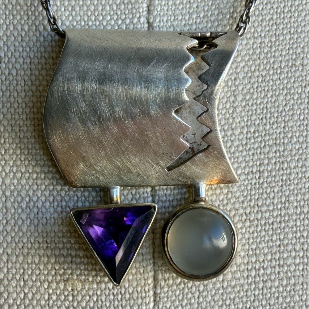 WRE Vintage Artisan Abstract Modernist Amethyst White Stone 925 Pendant Necklace